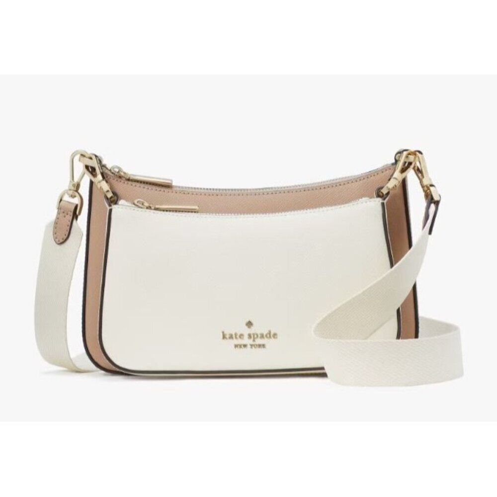 Kate Spade Womens Tan Ivory Saffiano Duet Leather Small Crossbody Handbags New